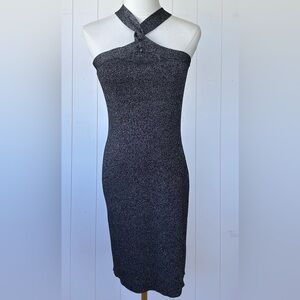 House of Harlow 1960 Bodycon Knit Dress Halter Neck Black & Silver Metallic Med‎